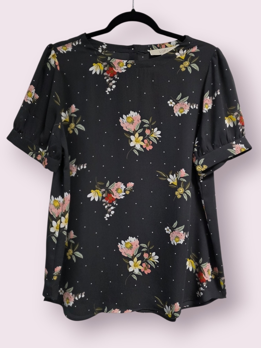LOFT Floral Polka Dot Short-Sleeve Drapey Blouse Buttondown Back MEDIUM